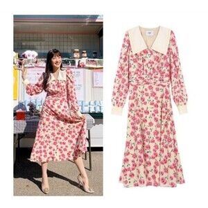 EOS LA MODE Floral Red Midi Dress Long Sleeve Vintage Looking Midi Dress Size M